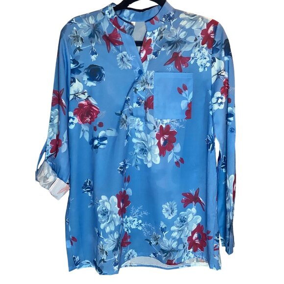Floral Blue Half Button Roll Tab Sleeve Top Women  XXL - Picture 1 of 9